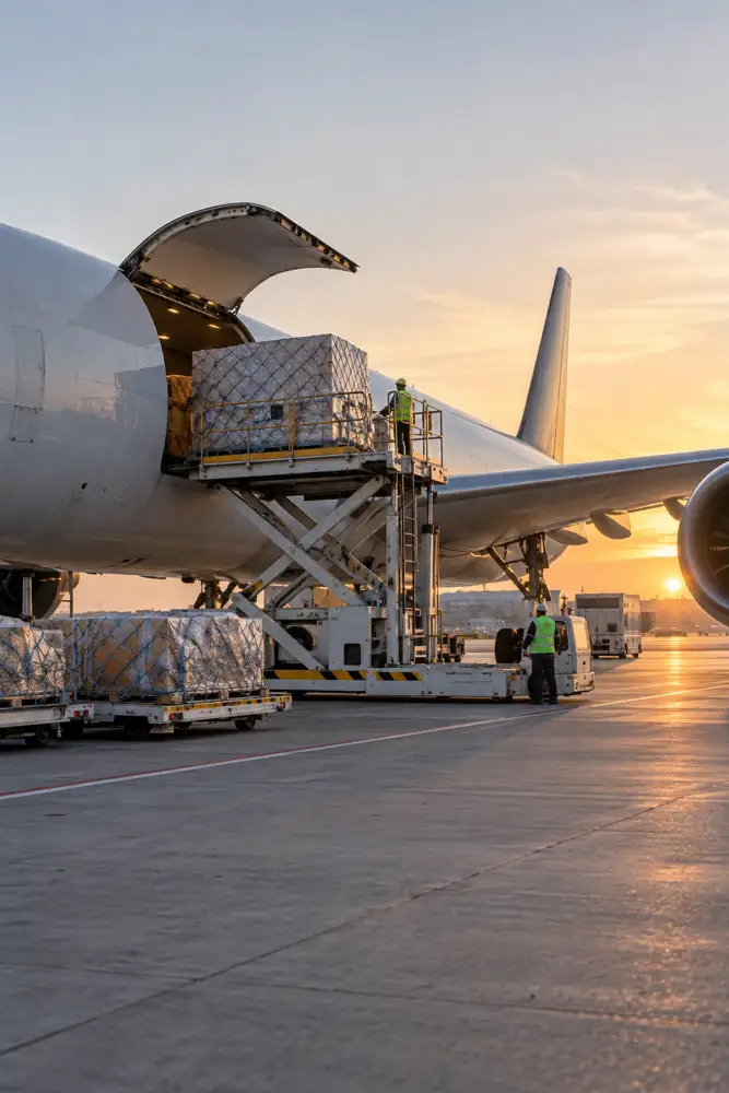 Cargo pallets being loaded onto an aircraft