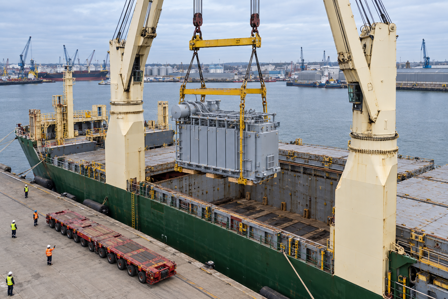 Steel coils and large pipes on a quay beside a vessel