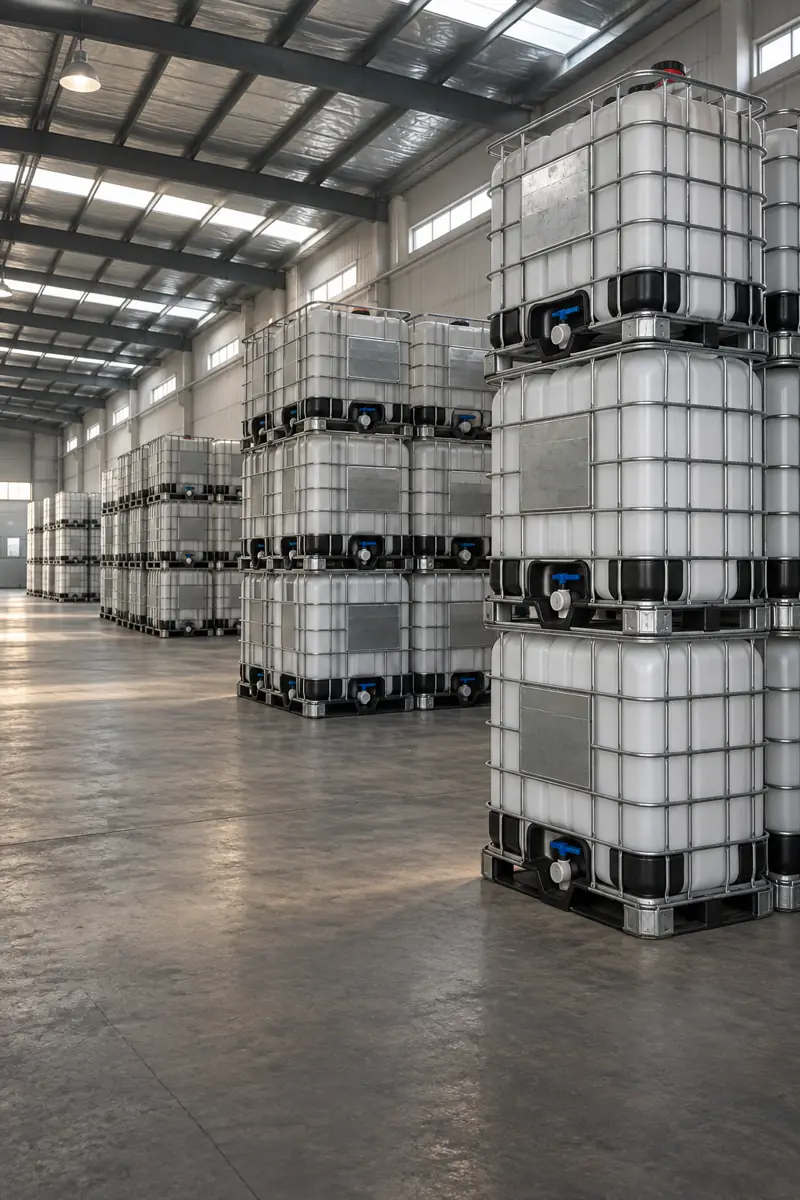 IBC tanks arranged in a warehouse