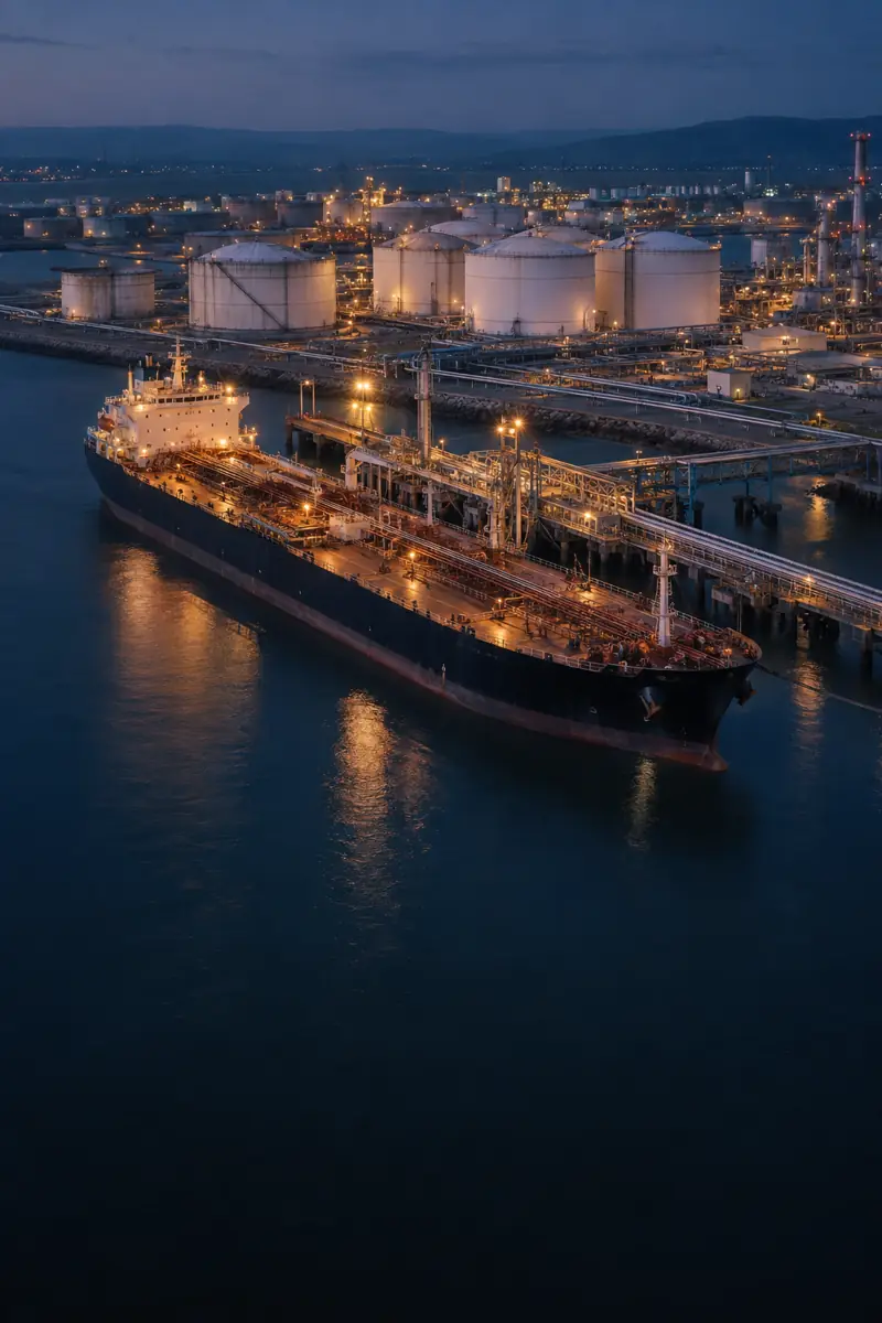 Port with a ship and petroleum storage tanks